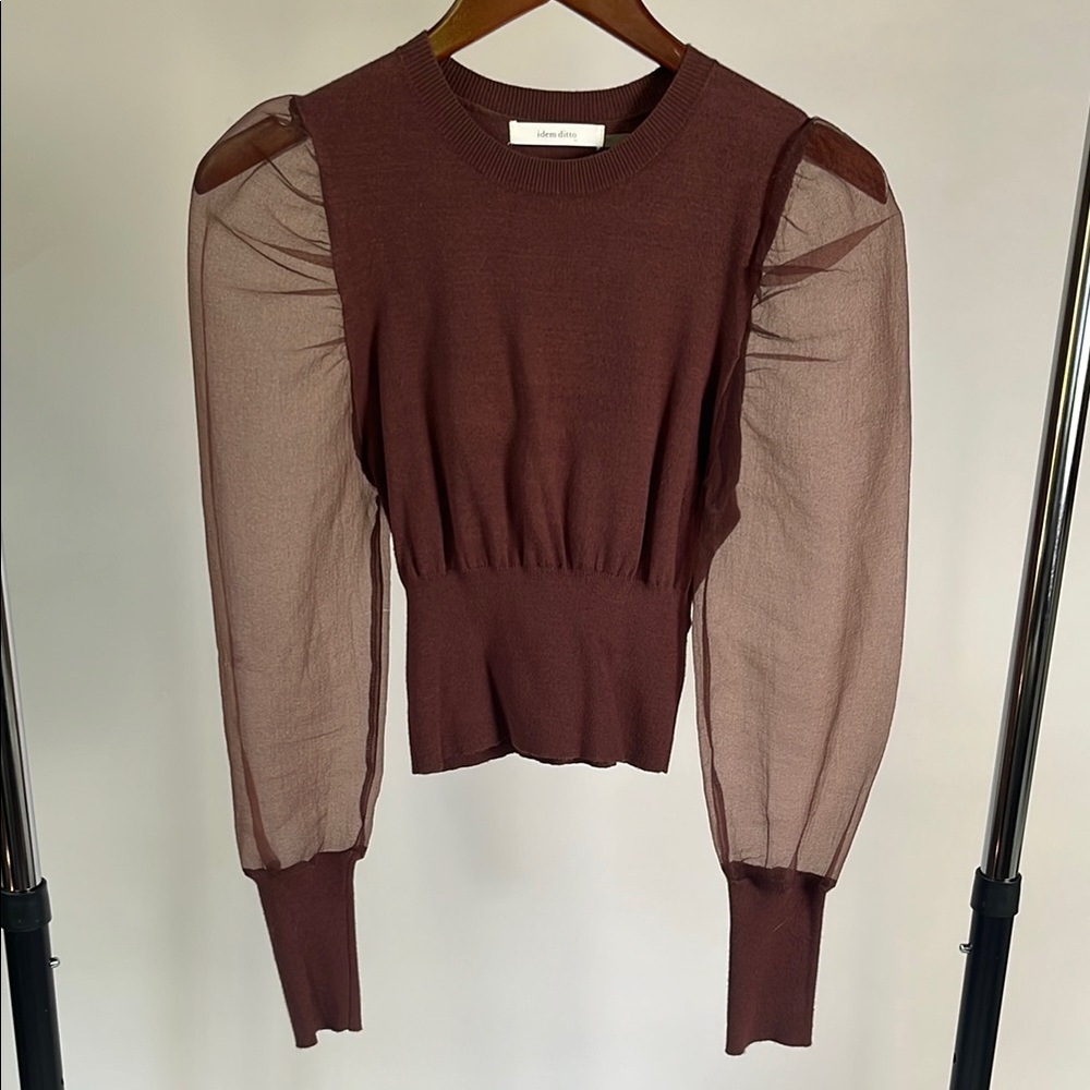 Chic Brown Blouse with Sheer Sleeves